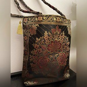 NWOT South Asian inspired purse - black gold red floral print